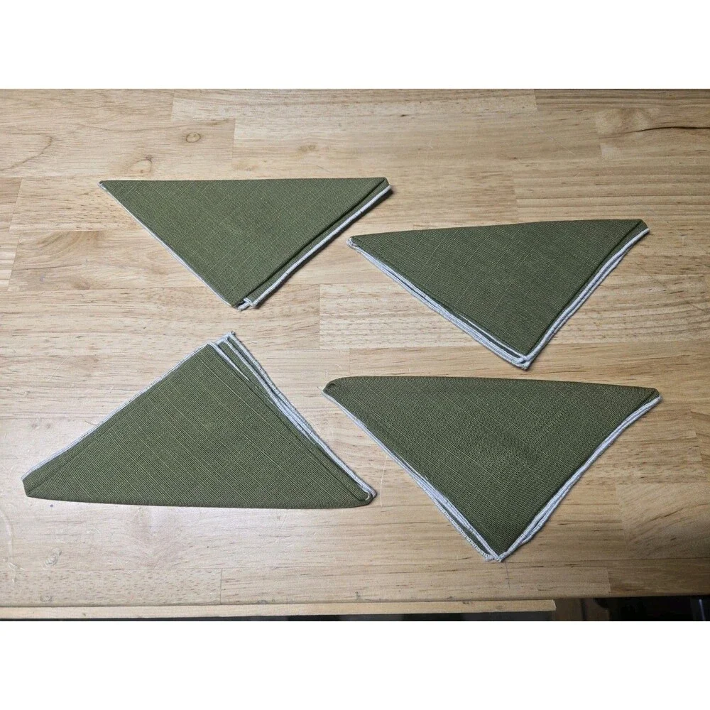 VINTAGE GREEN EMBROIDERED LINEN NAPKINS SET OF 4 Mid Century 11X11